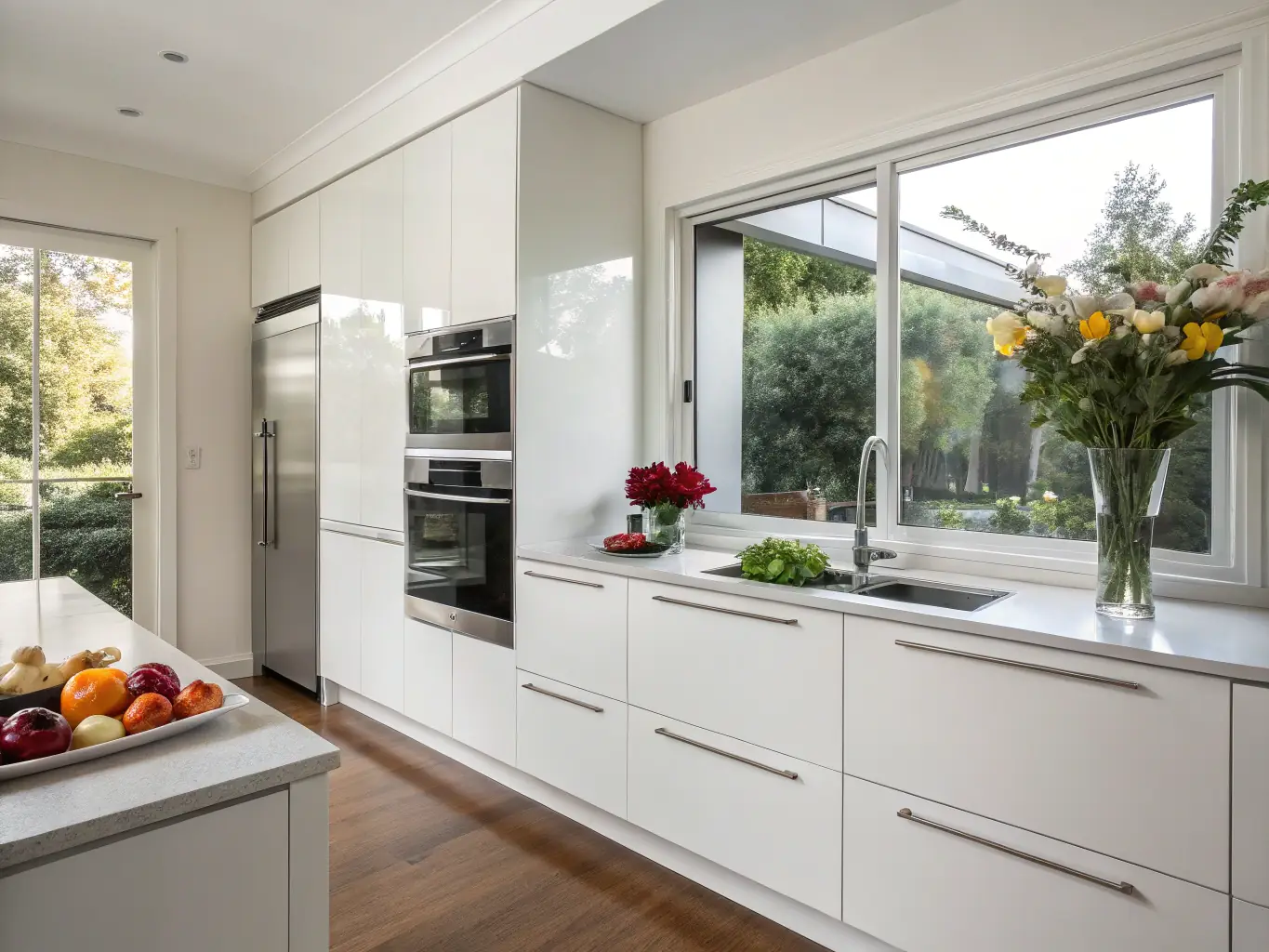 A beautifully refaced kitchen with modern white cabinets, stainless steel appliances, and a bright, open layout, showcasing E-Z Kitchens' refacing expertise.