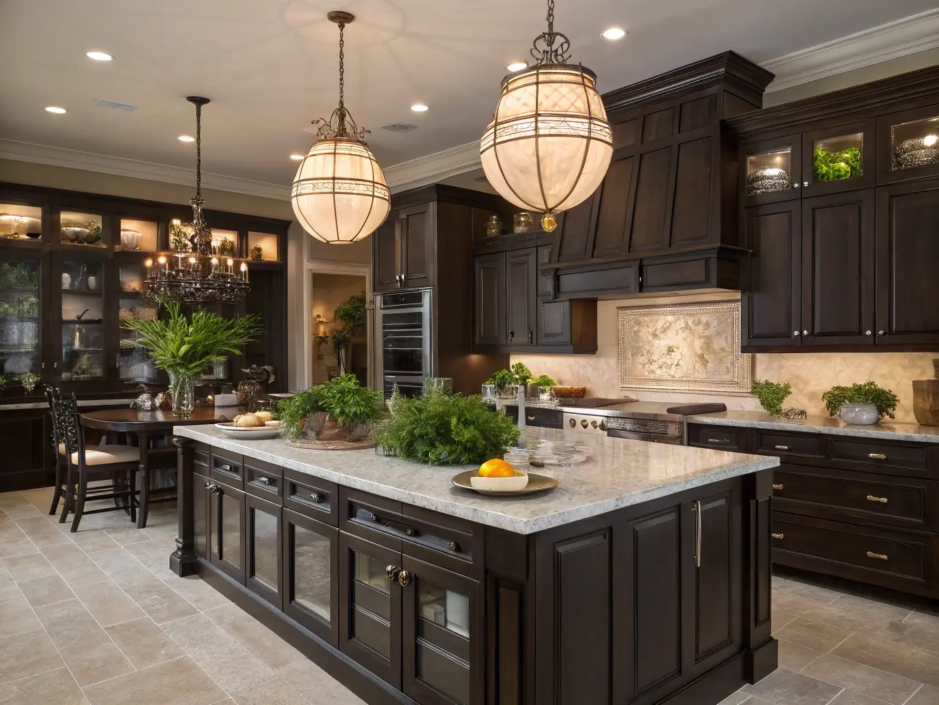 A custom-built kitchen island with dark wood cabinets, granite countertops, and stylish pendant lighting, highlighting E-Z Kitchens' custom cabinet capabilities.